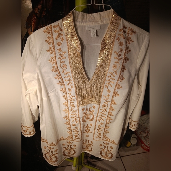 Embroidered White and Gold Men's Shirt - Picture 1 of 11